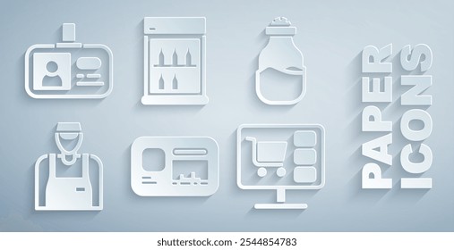 Definir distintivo de identificação, Spice in lata, vendedor, computador carrinho de compras, refrigerador comercial e ícone. Vetor