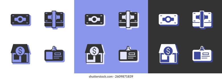 Set Identification badge, Stacks paper money cash, Market store and  icon. Vector