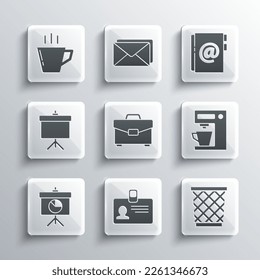 Set Identification badge, Trash can, Coffee machine, Briefcase, Chalkboard with diagram, cup and Address book icon. Vector