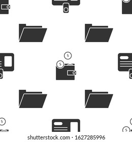 Set Identification badge, Wallet with coins and Document folder on seamless pattern. Vector