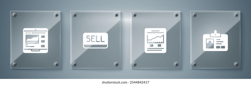 Establecer insignia de Identificación, Sitio web con gráfico de crecimiento, Vender Botón y cursos de Trading. Paneles de vidrio cuadrados. Vector