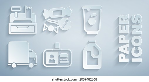 Set Identification badge, Yogurt container, Delivery cargo truck, Bottle for cleaning agent, Candy and Cash register machine icon. Vector
