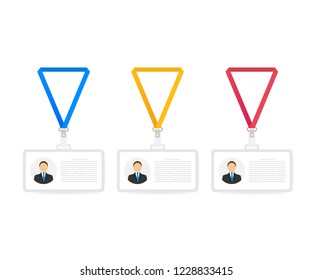 Set Identification card for man. Trendy flat lanyard, name tag holder template. Creative flat illustration isolated on yellow background. Vector stock illustration.