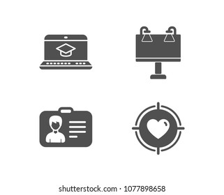 Set of Identification card, Website education and Road banner icons. Valentine target sign. Person document, Video learning, Advertisement. Heart in aim.  Quality design elements. Classic style