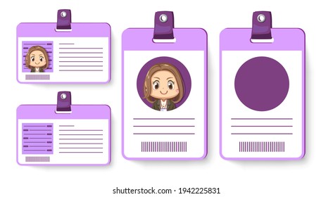 Set of  identification or employee card of worker in violet vertical and horizontal card in cartoon character,  mock up isolated flat vector illustration