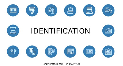 Set of identification icons such as Barcode, Barcode scanner, Passport, Scanner, Fingerprint identification, Bar code, Member card, Id card , identification