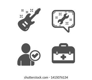 Set of Identity confirmed, Electric guitar and Spanner icons. First aid sign. Person validated, Musical instrument, Repair service. Medicine case.  Classic design identity confirmed icon. Flat design