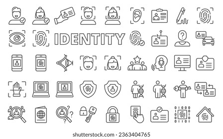 Set of identity icons in line design . Identification, fingerprint, face ID, protection, biometric, validation, security, identification vector illustrations. Icons isolated on while background