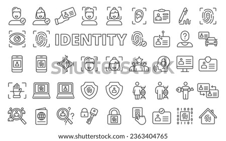 Set of identity icons in line design . Identification, fingerprint, face ID, protection, biometric, validation, security, identification vector illustrations. Icons isolated on while background