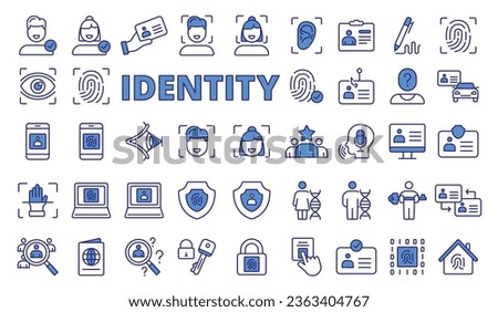 Set of identity icons in line design blue. Identification, fingerprint, face ID, protection, biometric, validation, security, identification vector illustrations. Icons isolated on while background