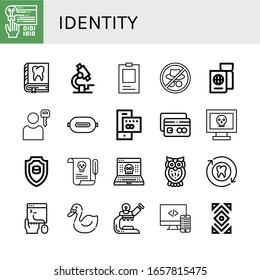 Set of identity icons. Such as Coding, Tooth, Microscope, ID, Hacker, Passport, User, P t, Credit card, Emblem, Letter, Hack, Owl, Swan, Code, Abstract , identity icons