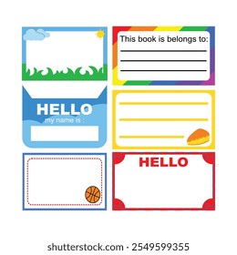 Set of identity labels in flat style. Simple colorful name tag. To mark our books. Back to school. Our book identity marker. Cute sticker templates, character name tags, book name labels