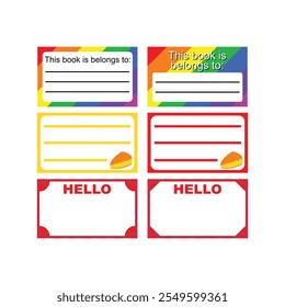 Set of identity labels in flat style. Simple colorful name tag. To mark our books. Back to school. Our book identity marker. Cute sticker templates, character name tags, book name labels