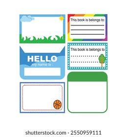 Set of identity labels in flat style. Simple colorful name tag. To mark our books. Back to school. Our book identity marker. Cute sticker templates, character name tags, book name labels