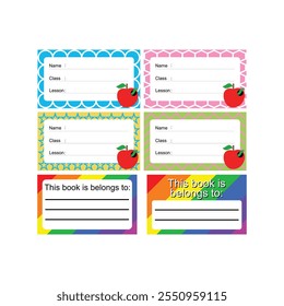 Set of identity labels in flat style. Simple colorful name tag. To mark our books. Back to school. Our book identity marker. Cute sticker templates, character name tags, book name labels