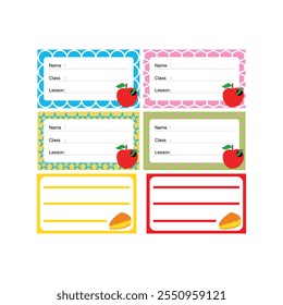 Set of identity labels in flat style. Simple colorful name tag. To mark our books. Back to school. Our book identity marker. Cute sticker templates, character name tags, book name labels