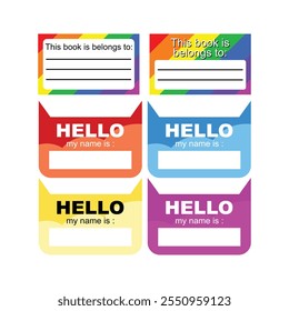 Set of identity labels in flat style. Simple colorful name tag. To mark our books. Back to school. Our book identity marker. Cute sticker templates, character name tags, book name labels