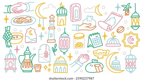 Set of Idul Fitri and Ramadan Doodle Line Art Design Element