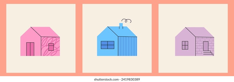 Set of ig post card with simple house icons in bright color with simple black doodle lines. Contemporary trendy illustration. Vector kit of children's pictures with textures