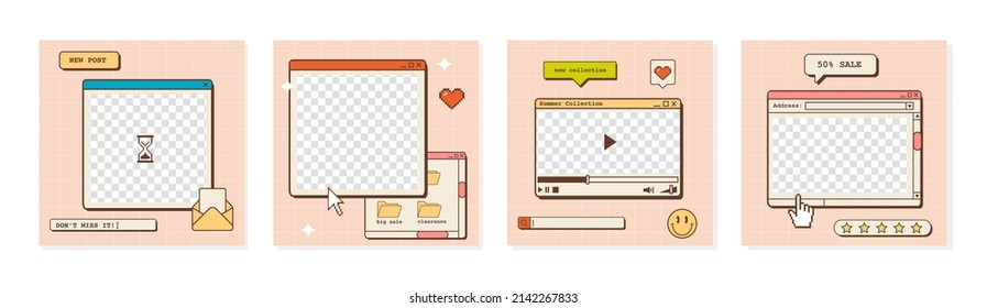 Set of ig post templates with old computer user interface. Nostalgic design for social media square posters. Retro 80s 90s aesthetic backdrops, groovy vaporwave style backgrounds. Vector illustration.