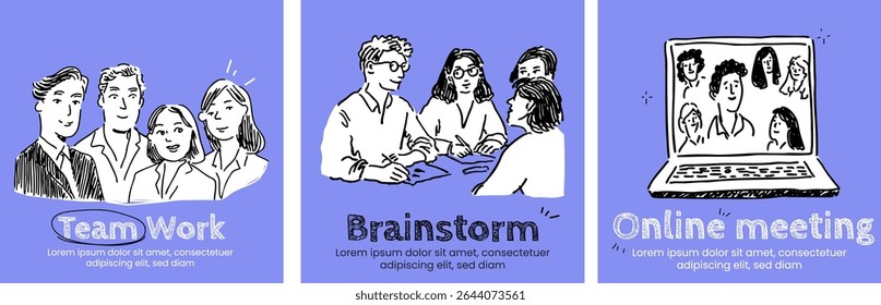 Set of ig post theme of Team work and brainstorm and online meeting. Sketches and doodles. Trendy Rough edges and blue bg.