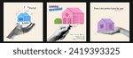 A set of IG posts on the topic of renting and buying real estate. Popart collage for realtor. Vector trendy illustration with hands and houses. 