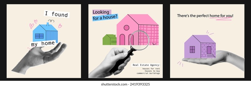 A set of IG posts on the topic of renting and buying real estate. Popart collage for realtor. Vector trendy illustration with hands and houses. 