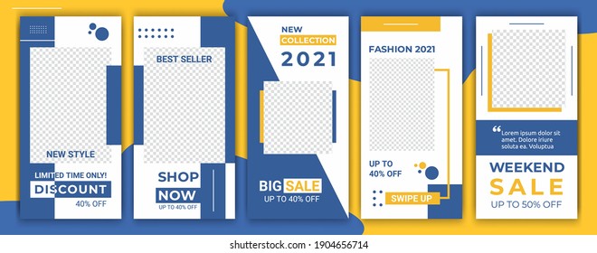 Set of ig stories sale banner background frame, ig template photo. Layout composition fresh yellow and blue color design for social networks story. Vector illustration. Trendy minimalist style