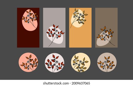 Set of ig stories templates fall season, autumn leaves doodle art. Cute colorful web designs for digital, covers, social media, branding, marketing. Seasonal hand drawn elements, symbols
