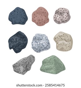 Set of igneous rock collection,  Basalt Agglomerate Granite and Andesite. Rock that forms when magma cools and solidifies, isolated on white background, flat vector illustration.