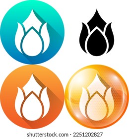 Establecer Ignorar llama de calor, símbolo de elemento de fuego caliente Material Icono de redondeo plano, silueta, burbuja de círculo de sombra diagonal Minimalista aislado en fondo blanco.