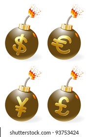 Set of ignited bombs with currency-symbols