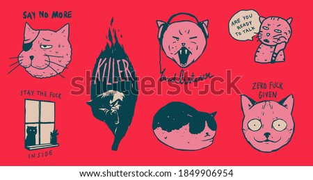 A set of " ignorance antisocial cats" mean and lazy concept pins/ stickers design collection, cute, fun and bad anti social vibe, simple monotone pastel color, flat hand drawn style