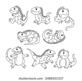 Set of iguana doodle collection, iguana outline coloring page or book animals for kindergarten, Vector line art set of animals wildlife, Hand drawn, Minimal iguana line art doodle in different pose.