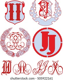 Set of II (JJ) monograms and decorative emblem templates with two letters II (JJ). Vector collection.