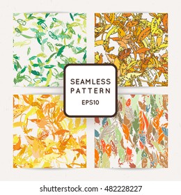 Set of ik feather seamless patterns. Hand drawn doodle vector backgrounds. Decorative design illustration with traced elements.