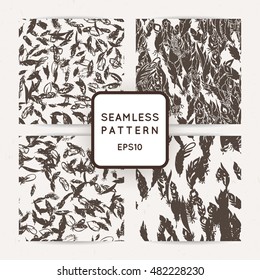 Set of ik feather seamless patterns. Hand drawn doodle vector backgrounds. Decorative design illustration with traced elements.