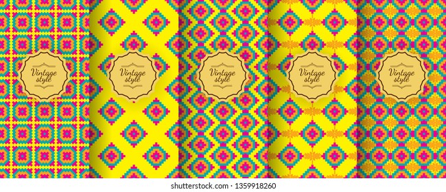 Set of ikat vintage seamless backgrounds for packaging design. Geometric pattern in yellow. Suitable for premium boxes of cosmetics, wine, jewelry. Elegant vector ornament set. Fabric print.
