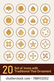 Set of ikons with  decorative elements of traditional Thai ornament. Stock vector illustration. 