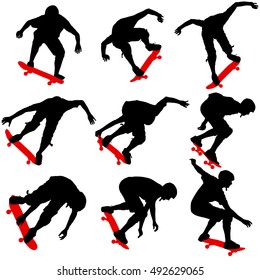 Set ilhouettes a skateboarder performs jumping. Vector illustration.