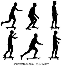 Set ilhouettes a skateboarder performs jumpingon a white background.