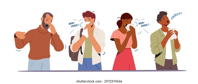 Set of Ill Characters Sneezing with Runny Nose. Contagious Flu or Viral Disease Infection Symptoms. Diseased People Suffering of Cold Virus Isolated on White Background. Cartoon Vector Illustration