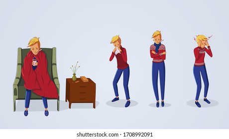 Set of ill people, cartoon style.Vector illustration with ill people for lifestyle design.