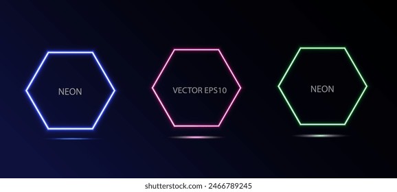 Set of illuminate frame design. Abstract cosmic vibrant color hexagon backdrop. Collection of glowing neon lighting
