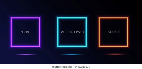 Set of illuminate frame design. Abstract cosmic vibrant color square backdrop. Collection of glowing neon lighting