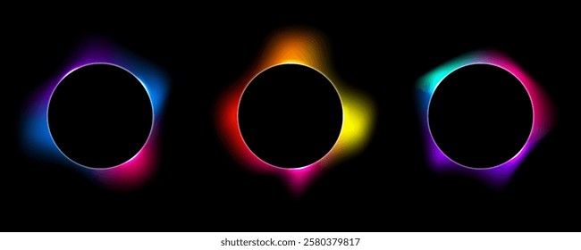 Set of illuminate frame design. Abstract cosmic vibrant color circle backdrop. Collection of glowing neon lighting on dark background. Futuristic style