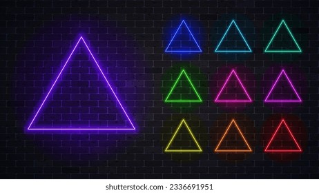 Set von Leuchtrahmen für Neondreieck. mehrfarbiges geometrisches Symbol. Vektorgrafik