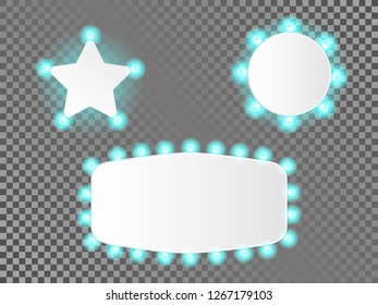 Set of illuminated realistic casino banner with blue lamps isolated on transparent background. Vector shine blank frame with bulbs. Glowing lights billboard for advertising design