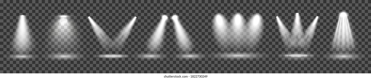 Set illuminated spotlight on transparent background. Transparent realistic effect. Bright light beam. Stage lighting – vector