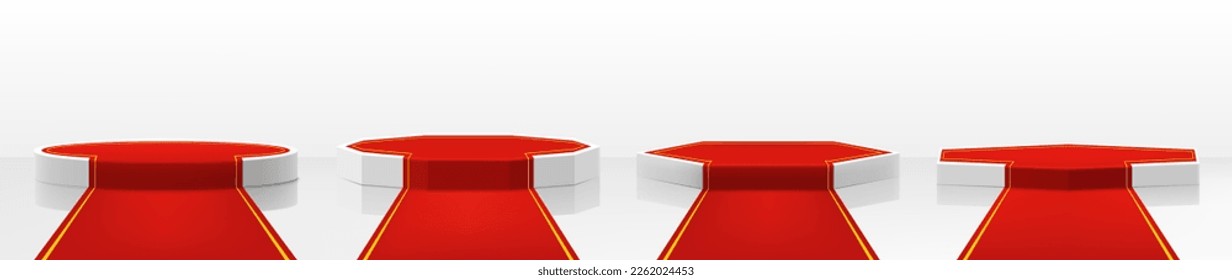 Set of illuminated stage podiums with red carpet for award ceremony. Realistic 3d vector illustration, vip celebrity lifestyle concept. Stage for the winners and awards ceremony.